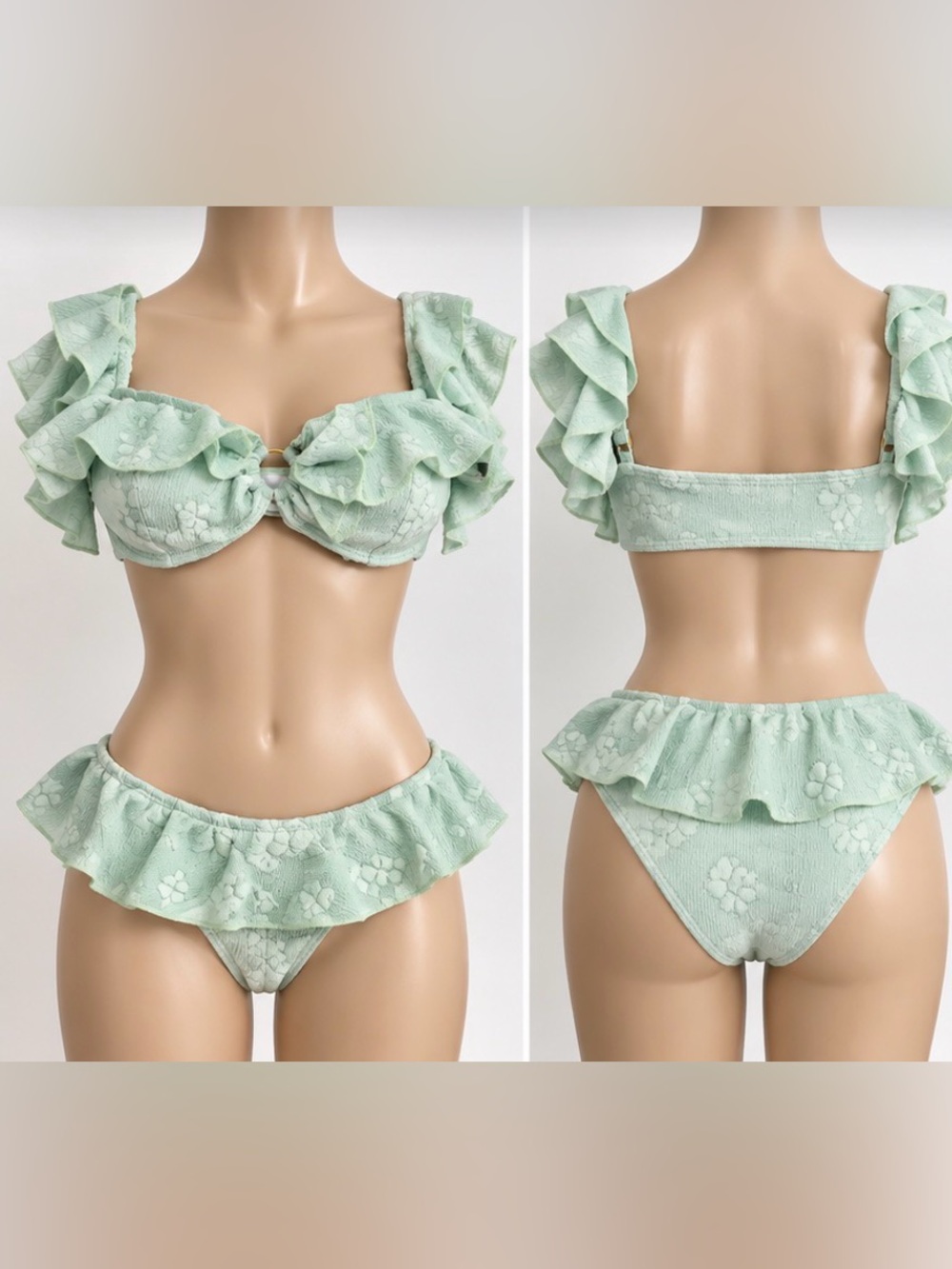 New Ruffled Floral Jacquard Bikini Set in Mint Green